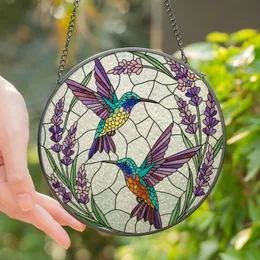 Women's Vibrant Stained Glass Hummingbirds Purple Blue Yellow Orange Pink Floral Mosaic Art Stained Glass Suncatcher