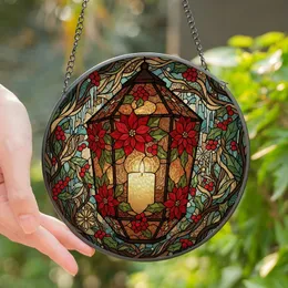 Winter Art Enthusiasts' Glowing Stained Glass Lantern Poinsettia Holly Mosaic Jewel Tones Stained Glass Suncatcher