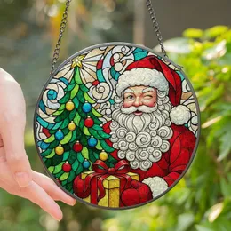 Christmas Enthusiasts Winking Santa Stained Glass Art with Festive Tree, Golden Gift Box, Jewel Tone Red Green Gold Blue Stained Glass Suncatcher