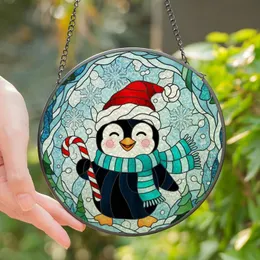 Christmas Fans' Vibrant Stained Glass Happy Penguin Red Santa Hat Teal Scarf Winter Wonderland Mosaic Stained Glass Suncatcher