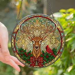Christmas Art Lovers' Intricate Tiffany Stained Glass Reindeer Head, Golden Amber Red Holly Wreath, Plaid Bow, Winter Mosaic Art Stained Glass Suncatcher