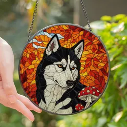 Husky Lovers' Jewel Tone Stained Glass Black White Husky Dog Autumn Foliage Mushroom Art Stained Glass Suncatcher