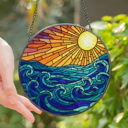 Art Lovers' Tiffany Stained Glass Radiant Sun Ocean Mosaic Vibrant Yellow Orange Teal Blue Purple Stained Glass Suncatcher