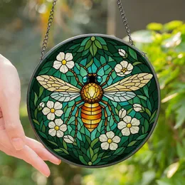 Nature Lovers' Vibrant Golden-Orange Bee Tiffany Stained Glass Floral Foliage Mosaic Stained Glass Suncatcher