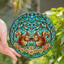 Nature Lovers' Tiffany Stained Glass Squirrels Pinecone & Peach Blossom Mosaic Pattern Stained Glass Suncatcher