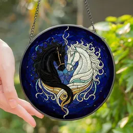 Horse Lovers' Tiffany Stained Glass Embracing Equine Heads Cosmic Void Gold & Teal Accents Stained Glass Suncatcher