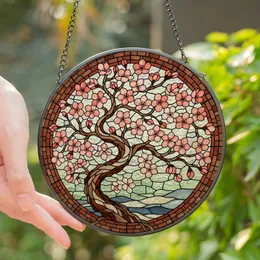 Art Enthusiasts' Intricate Stained Glass Cherry Blossom Floral Mosaic Coral Pink & Slate Blue Design Stained Glass Suncatcher
