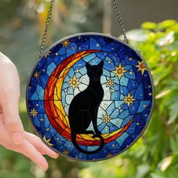 Cat Lovers' Tiffany Style Black Cat Crescent Moon Indigo Starry Night Stained Glass Mosaic Stained Glass Suncatcher