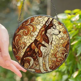 Dog Lovers' Rich Amber Stained Glass Husky Malamute Floral Swirl Mosaic Design Stained Glass Suncatcher