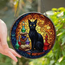 Mystical Cat Lovers' Tiffany Stained Glass Black Cat Potion Bottles Crescent Moon Intricate Jewel Tone Mosaic Stained Glass Suncatcher