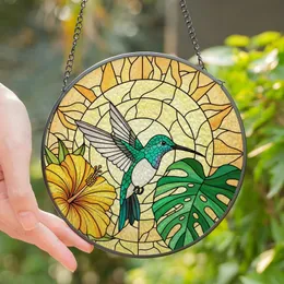 Nature Lovers' Teal Hummingbird Emerald Monstera Stained Glass Tropical Sun Mosaic Stained Glass Suncatcher