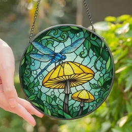 Nature Lovers' Tiffany Stained Glass Blue Dragonfly Yellow Mushroom Emerald Forest Jewel Tone Mosaic Stained Glass Suncatcher