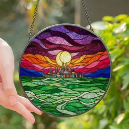 Vibrant Art Lovers' Tiffany Stained Glass Golden Sun Moon Geometric Village Emerald Purple Hot Pink Mosaic Stained Glass Suncatcher
