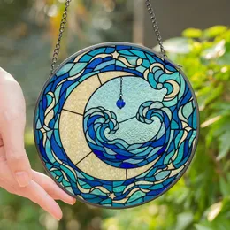 Celestial Art Lovers' Tiffany Stained Glass Pale Cream Teal Blue Moon Nebula Mosaic Stained Glass Suncatcher