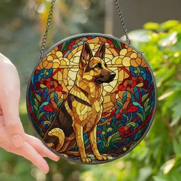 German Shepherd Lovers' Majestic Stained Glass Tiffany Style Amber Golden Red Teal Geometric Mosaic Stained Glass Suncatcher