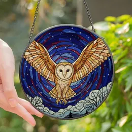 Nature Lovers' Intricate Stained Glass Barn Owl Soaring Jewel Tone Starlit Sky Mosaic Stained Glass Suncatcher