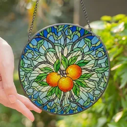 Nature Enthusiasts' Intricate Tiffany Stained Glass Orange Citrus Sprig Emerald Green Mosaic Art Stained Glass Suncatcher