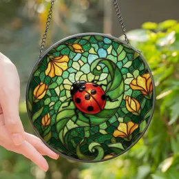 Nature Lovers' Intricate Tiffany Stained Glass Red Ladybug Emerald Green Leaf Amber Mosaic Stained Glass Suncatcher