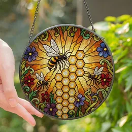 Nature Lovers' Tiffany Style Stained Glass Honey Bee Honeycomb Golden Yellow Amber Floral Meadow Mosaic Design Stained Glass Suncatcher