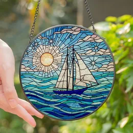 Ocean Lovers' Tiffany Stained Glass Sailboat Seascape Mosaic, Deep Blue Ocean Waves, Orange Sun, Pink Sky Hues Stained Glass Suncatcher