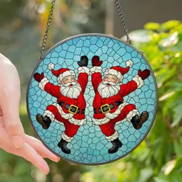 Holiday Enthusiasts' Joyful Dancing Santas Stained Glass Mosaic Red Blue Amber Jewel Tones Stained Glass Suncatcher