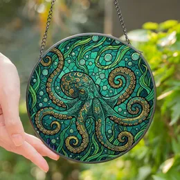 Ocean Lovers' Intricate Tiffany Stained Glass Octopus Emerald Turquoise Gold Navy Marine Art Stained Glass Suncatcher