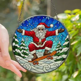 Unique Holiday Enthusiasts' Bold Red Green Blue Stained Glass Skater Santa Mosaic Stained Glass Suncatcher