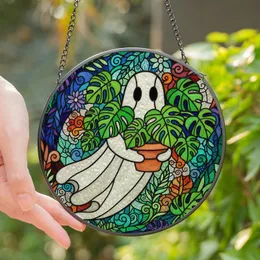 Fantasy Art Fans' Intricate Tiffany Stained Glass Ghost Monstera Pattern, Vibrant Green Terracotta Black Stained Glass Suncatcher