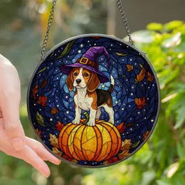 Halloween Dog Lovers' Tiffany Stained Glass Beagle Witch Puppy Pumpkin Autumn Leaves Starry Mosaic Stained Glass Suncatcher