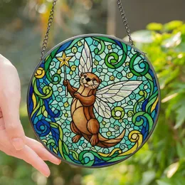 Fantasy Art Fans Whimsical Otter Fairy Stained Glass, Iridescent Wings, Teal Amber Gold Jewel Tones Intricate Mosaic Stained Glass Suncatcher