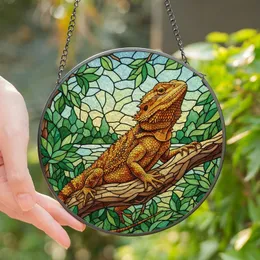 Reptile Lovers' Vibrant Tiffany Stained Glass Bearded Dragon, Golden Orange Emerald Green Sky Blue Mosaic Stained Glass Suncatcher