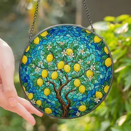 Art Lovers' Tiffany Stained Glass Lemon Tree Branch, Ripe Yellow Fruit, Emerald Leaves, Teal Mosaic Sky, Jewel Tones Stained Glass Suncatcher