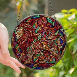 Art Enthusiasts' Tiffany-Inspired Stained Glass Lion Mosaic Crimson Emerald Sapphire Art Stained Glass Suncatcher