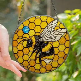 Nature Lovers' Tiffany Stained Glass Bumblebee Honeycomb Golden Amber Iridescent Blue Mosaic Stained Glass Suncatcher