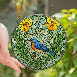 Nature Lovers' Jewel Tone Stained Glass Bluebird Daffodil Floral Mosaic Stained Glass Suncatcher
