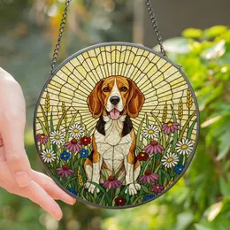 Beagle Lovers' Stained Glass Tiffany Style Beagle Wildflower Sunburst Design Stained Glass Suncatcher