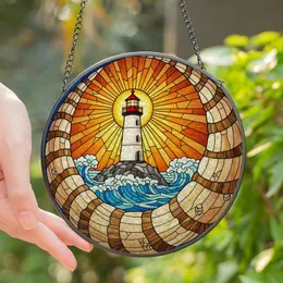 Coastal Art Enthusiasts' Tiffany Stained Glass Lighthouse, Ocean Waves, Golden Sun, Jewel Tone Conch Frame Stained Glass Suncatcher