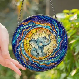 Dreamy Art Lovers' Tiffany Stained Glass Baby Elephant Crescent Moon Cosmic Galaxy Mosaic Stained Glass Suncatcher