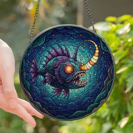 Oceanic Art Admirers' Tiffany Style Anglerfish Stained Glass Mosaic, Bioluminescent Lure, Sapphire Blue & Amethyst Tones Stained Glass Suncatcher