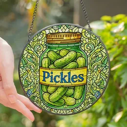 Pickle Lovers' Tiffany Inspired Stained Glass Dill Pickle Jar Art, Vibrant Green & Golden Yellow Mosaic Stained Glass Suncatcher