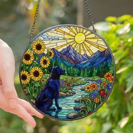 Dog Lovers' Tiffany Stained Glass Black Dog Sunflowers Mountain River Mosaic Design Stained Glass Suncatcher