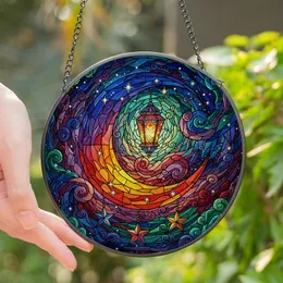 Stargazer's Vibrant Tiffany Stained Glass Crescent Moon & Cosmic Nebula Mosaic Stained Glass Suncatcher