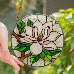 Nature Lovers' Elegant Tiffany Stained Glass Magnolia Bloom Blush Pink Magenta Emerald Green Clear Glass Mosaic Stained Glass Suncatcher
