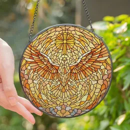 Inspirational Art Admirers' Stained Glass Tiffany Soaring Dove Golden Cross Orange Yellow Blue Purple Mosaic Stained Glass Suncatcher