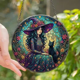 Witchy Aesthetic Fans' Detailed Tiffany Stained Glass Young Witch Black Cat Mystical Teal Purple Golden Yellow Magenta Stained Glass Suncatcher