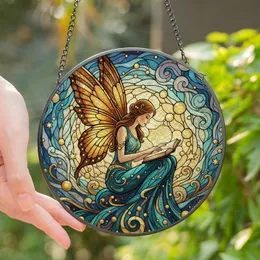 Fantasy Art Lovers' Ethereal Winged Fairy Reading Book Tiffany Stained Glass Deep Teal Gold Amber Jewel Tone Mosaic Stained Glass Suncatcher