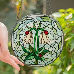 Nature Lovers' Vibrant Tiffany Stained Glass Creamy Bell Flowers, Red Ladybugs, Emerald Green Mosaic Stained Glass Suncatcher
