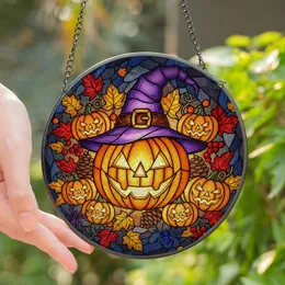 Halloween Enthusiasts' Jewel-Toned Stained Glass Jack-O'-Lantern, Witch Hat, Autumn Foliage Mosaic Stained Glass Suncatcher