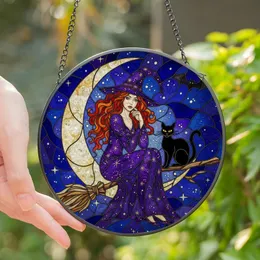 Celestial Dreamers' Tiffany Style Jewel Tone Stained Glass Witch Red Hair Crescent Moon Cat Bat Starry Sky Stained Glass Suncatcher
