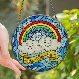 Whimsical Style Lovers' Tiffany-Inspired Stained Glass Rainbow Clouds 'SCHOOL Is Cool' Glitter Mosaic Stained Glass Suncatcher